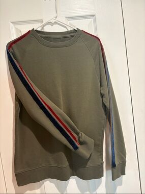 Original Use Olive Crewneck Sweater with Red & Navy Velvet Stripe Sleeves